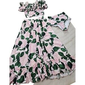 White Floral Off Shoulder Pullover Kimono Women's Swim Suit & Skirt Size S